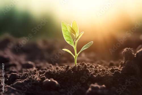 The seedling are growing from the rich soil to the morning sunlight. Planting tree  environment  background.  