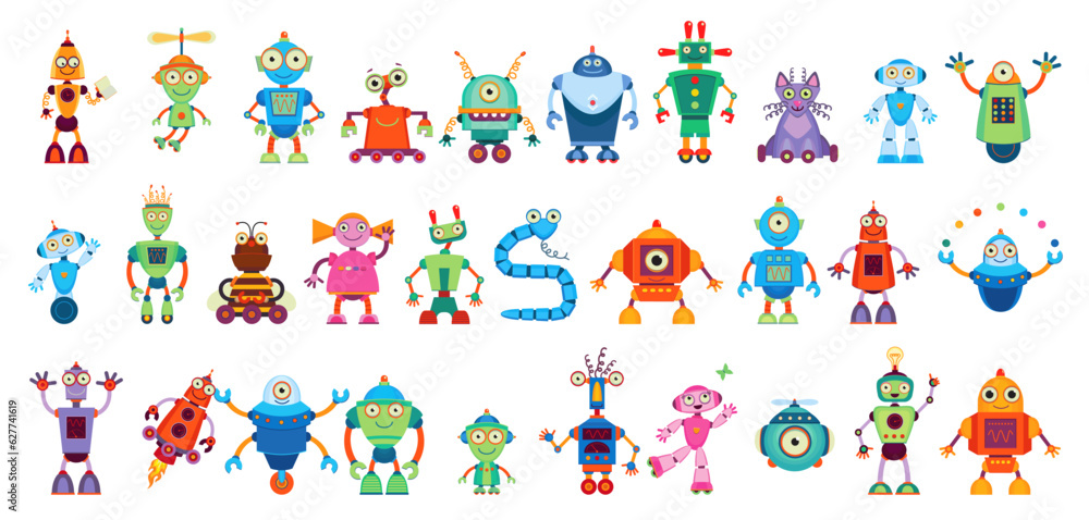 Cartoon robot droid characters, android and robotic