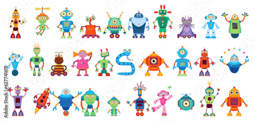Fototapeta Naklejka Na Ścianę i Meble -  Cartoon robot droid characters, android cyborgs and robotic transformers, vector toys. Funny retro robots and mechanic droids and electronic bots with cute faces on wheels with display faces