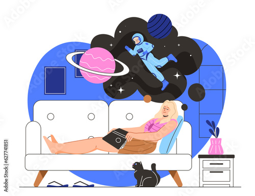 Female dreamer at sofa concept. Young girl thinks about space with planets, stars and astronaut. Metaverse and virtual reality, cyberspace. Galaxy and universe. Cartoon flat vector illustration