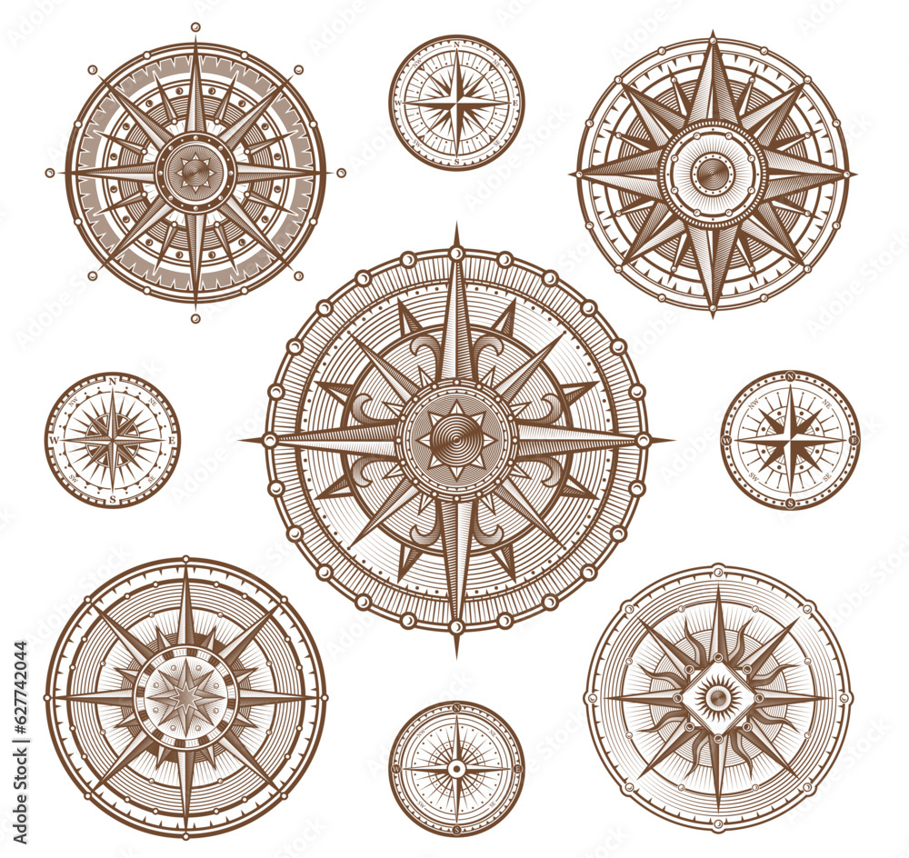 Vintage compass wind roses, Medieval nautical navigation signs, vector