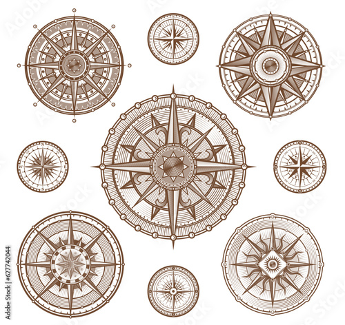 Photo Vintage compass wind roses, Medieval nautical navigation signs, vector icons