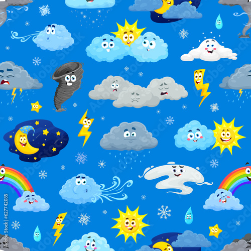 Cartoon weather characters seamless pattern. Wrapping paper print, wallpaper or textile vector seamless background. Fabric pattern with rain cloud, sun, lightning, rainbow and tornado wind whirlpool © Vector Tradition