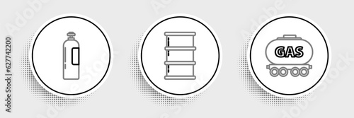 Set line Gas railway cistern, Industrial gas cylinder tank and Barrel oil icon. Vector