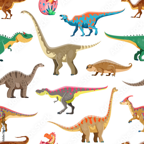 Funny dinosaur cartoon characters seamless pattern. Fabric vector pattern  print seamless background with Plateosaurus  Iguanodon  Omeisaurus and Hyperodapedon  Tarbosaurus  Vulcanodon dino personages