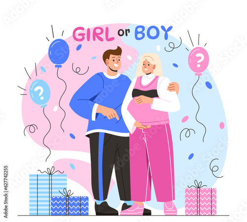 People with gender reveal concept. Man and woman guess sex of unborn child, toddler. Childhood and parenthood. Young couple with girl or boy question. Cartoon flat vector illustration