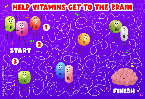 Labyrinth maze game. Cartoon vitamin and micronutrient characters. Child labyrinth playing activity, maze game vector worksheet with human brain, E, P, U and B12, A, C vitamin pills cute personages