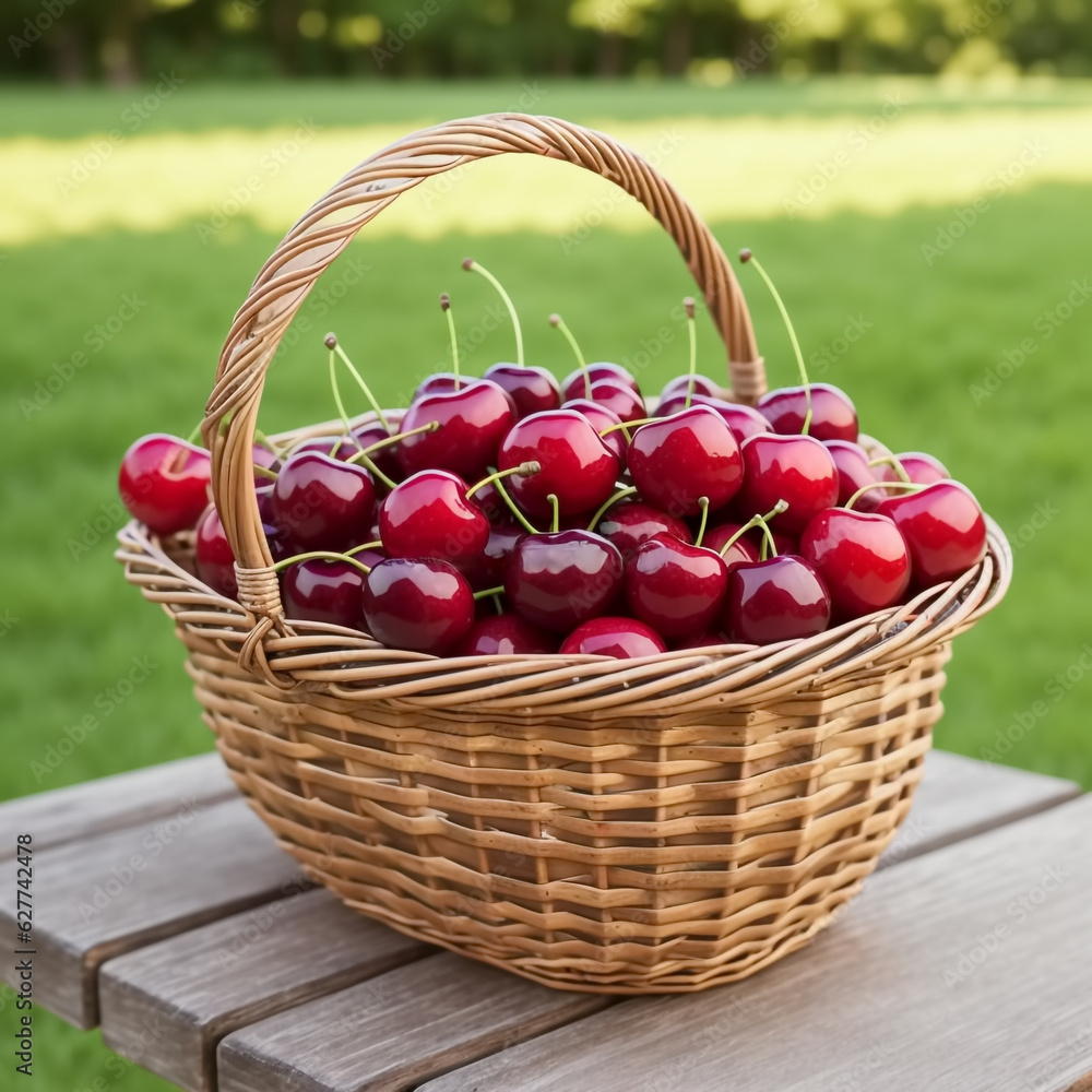 Cherry in wooden basket. Generative AI Cherry in wooden basket. Generative AI