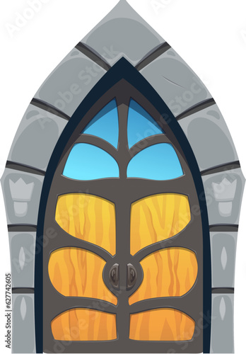 Cartoon Medieval castle gates with stone arch door of dungeon or palace, vector gateway. Medieval fortress citadel, castle or ancient house door gates with stone arch portal and forged iron grate
