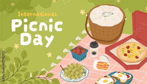 International picnic day concept. Wooden basket and blanket with plates of fruit and food. Outdoor recreation and rest. Pizza and sandwiches with egg and vegetables. Cartoon flat vector illustration