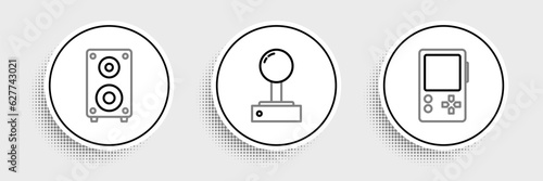 Set line Portable video game console, Stereo speaker and Joystick for arcade machine icon. Vector