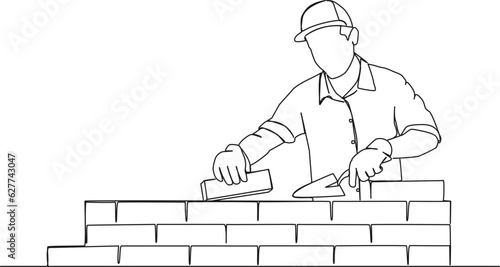 continuous single line drawing of mason building wall, bricklaying line art vector illustration photo