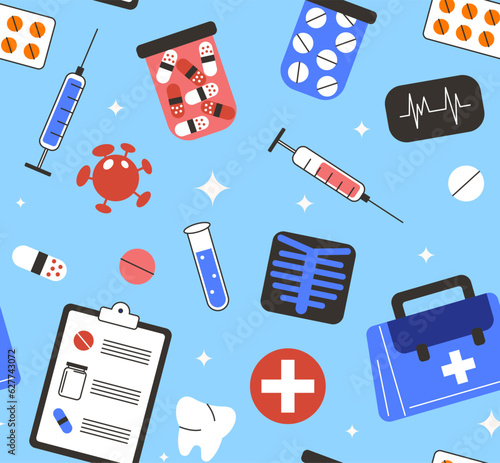 Set of medicines seamless pattern. Repeating design element for printing on fabric. Syringe and pills, briefcase and patient survey form. Healthcare and treatment. Cartoon flat vector illustration