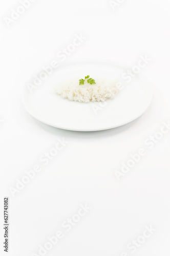 immagine primo piano di riso cotto al vapore con foglie di prezzemolo, piatto in ceramica bianco su superficie bianca