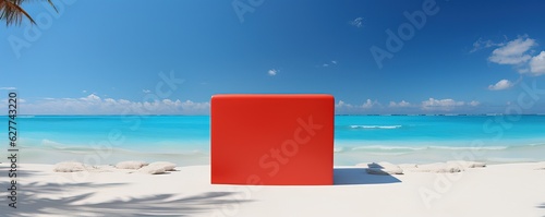 Red cube mock up on the bea...