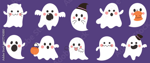 Happy Halloween day cute ghost vector. Cute collection of spooky ghost with halloween costumes, emotion, spirits. Adorable animal characters in autumn festival for decoration, prints, cover.