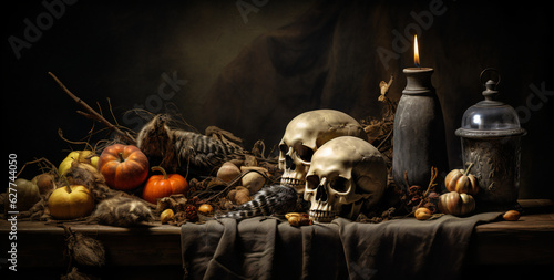 "Spooky Halloween Themed Table Setup with Wooden Aesthetics and a Gothic Skull Accent