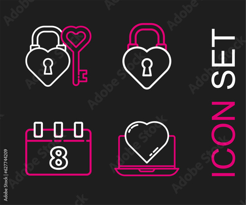 Set line Online dating app and chat  Calendar with 8 March  Castle the shape of heart and key icon. Vector