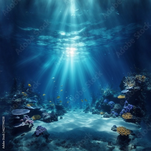 Underwater Scene - Tropical Seabed With Reef And Sunshine © Aomarch