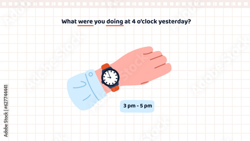 Basic English Grammar. Past continuous tense. Example of interrogative sentence. Educational banner with exercise to learn past progressive tense. What were you doing. Cartoon flat vector illustration