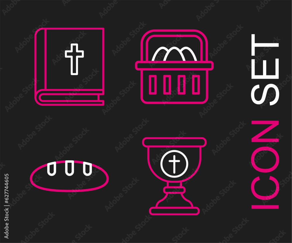 Set line Christian chalice, Bread loaf, Basket with easter eggs and Holy bible book icon. Vector Set line Christian chalice, Bread loaf, Basket with easter eggs and Holy bible book icon. Vector