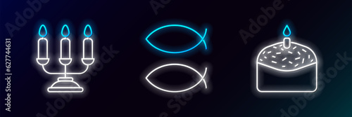 Set line Easter cake and candle, Candelabrum with candlesticks and Christian fish icon. Glowing neon. Vector