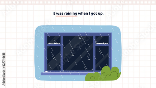 Basic English Grammar. Past continuous tense. It was raining. Educational banner for learning past progressive tense. Example of positive sentence. Cartoon flat vector illustration