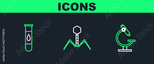 Set line Microscope, Blood test and virus and Bacteria bacteriophage icon. Vector