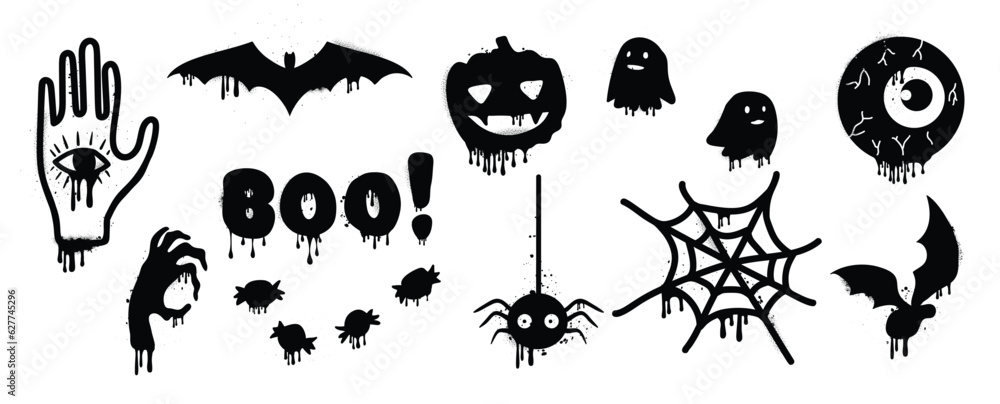 Fototapeta premium Set of graffiti spray pattern. Collection of halloween symbols, ghost, spider, bat, pumpkin, hand, eye with spray texture. Elements on white background for sticker, banner, decoration, street art.