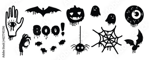 Set of graffiti spray pattern. Collection of halloween symbols, ghost, spider, bat, pumpkin, hand, eye with spray texture. Elements on white background for sticker, banner, decoration, street art.