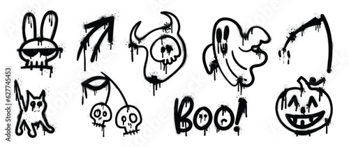 Fototapeta Naklejka Na Ścianę i Meble -  Set of graffiti spray pattern. Collection of halloween symbols, ghost, skull, cat, rabbit, pumpkin, arrow with spray texture. Elements on white background for sticker, banner, decoration, street art.