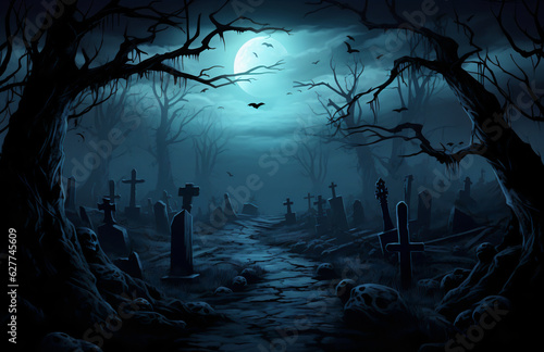 Scary halloween gravestones in front of forest cemetery at night halloween background