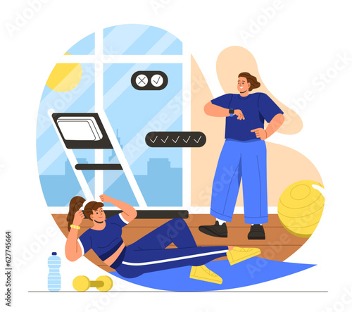 Personal trainer at gym concept. Man gives woman exercises on muscles of press. Fitness and sports, active lifestyle. People with Fitball, dumbbells and water. Cartoon flat vector illustration