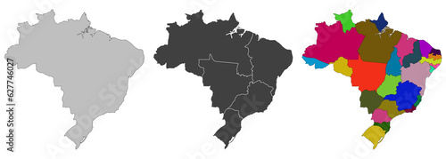 Brazil set. Brazil map with administrative regions colorful. Latin map. Brazilian map set.