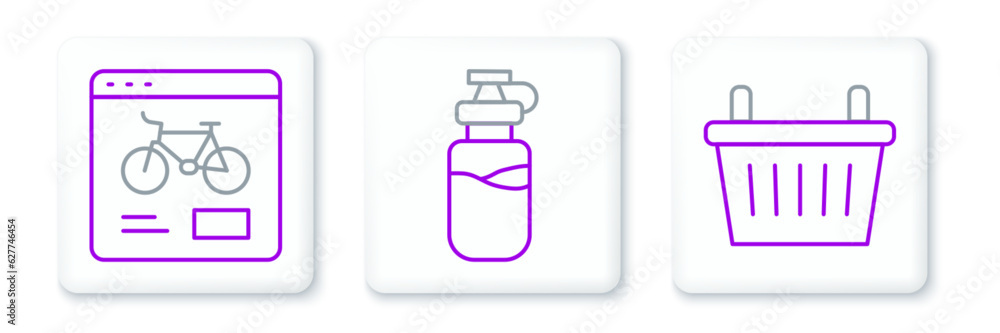 Set line Bicycle basket, rental mobile app and Sport bottle with water icon. Vector Set line Bicycle basket, rental mobile app and Sport bottle with water icon. Vector