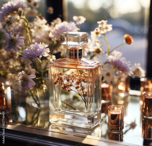 A bottle of perfume on a table among flowers on the rays of the sun. Generative AI