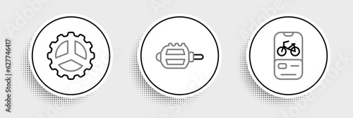 Set line Bicycle rental mobile app, sprocket crank and pedal icon. Vector