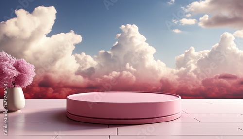 3d pink rendering with podium and minimal clouds ,Ai generated art illustration.