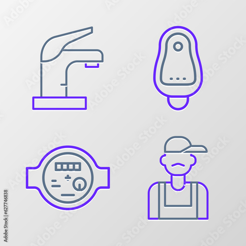 Set line Plumber, Water meter, Toilet urinal or pissoir and tap icon. Vector