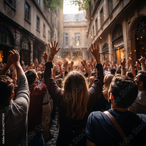 People on a city street celebrating with their arms up and their backs to the camera. 