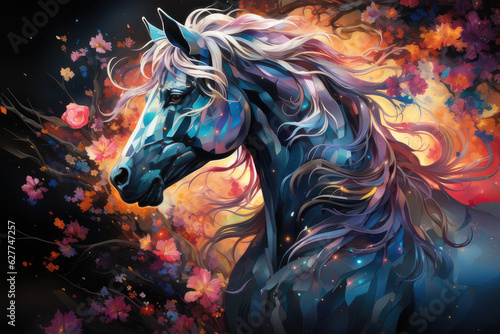The watercolor Unicorn soaring through a starlit night sky, a celestial aurora painting the heavens with breathtaking colors, distant galaxies, Generative Ai