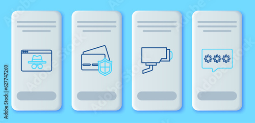 Set line Credit card with shield, Security camera, Browser incognito window and Password protection icon. Vector