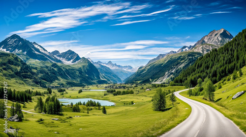 Asphalt road in Austria Alps in a beautiful ,Ai generated art illustration.