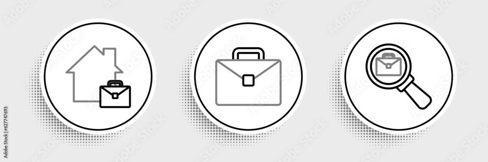 Set line Magnifying glass with briefcase, Online working and Briefcase icon. Vector Set line Magnifying glass with briefcase, Online working and Briefcase icon. Vector