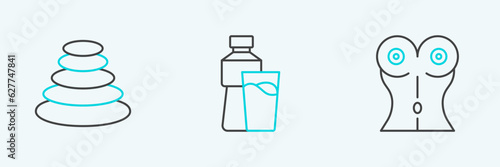 Canvas Print Set line Women waist, Stack hot stones and Bottle of water with glass icon