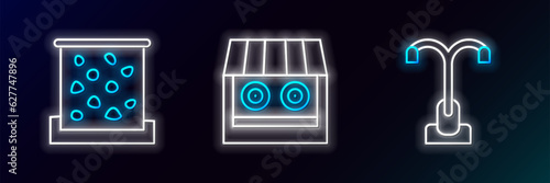 Set line Street light, Climbing wall and Shooting gallery icon. Glowing neon. Vector
