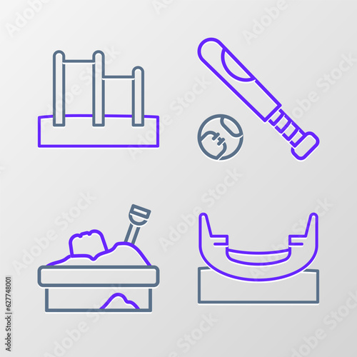 Set line Boat swing, Sandbox with sand, Baseball bat ball and Horizontal bar icon. Vector