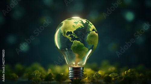 Renewable Energy.Environmental protection, renewable, sustainable energy sources. Green world map on the light bulb on green background .green energy. Renewable energy is important to the world