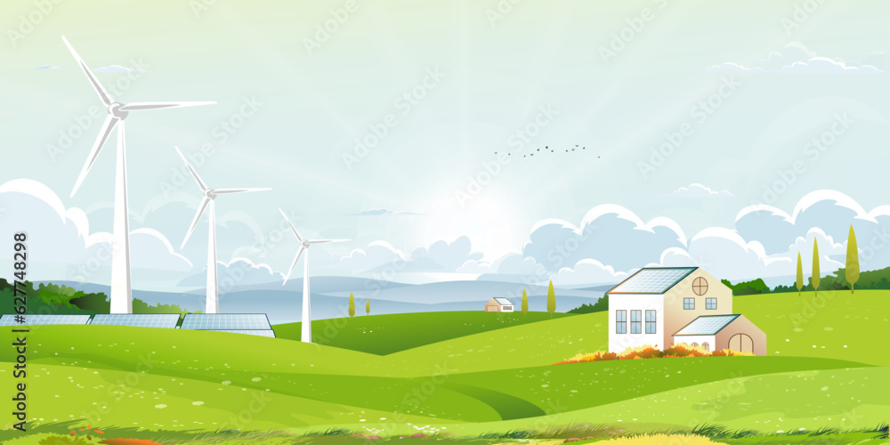 Naklejka premium Spring green fields landscape with sun over mountain, blue sky and clouds background,Vector Rural natural with Solar panel wind turbines installed as renewable station energy sources for electricity