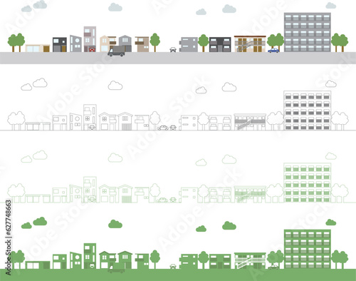 住宅街を描いた街並みのイラストセット